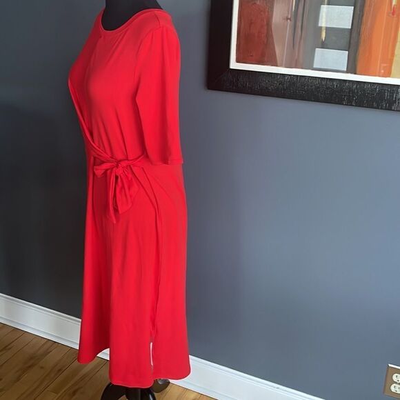 Cuddl Duds cherry red stretch jersey knit crew neck side waist tie midi. XS. - Picture 3 of 6